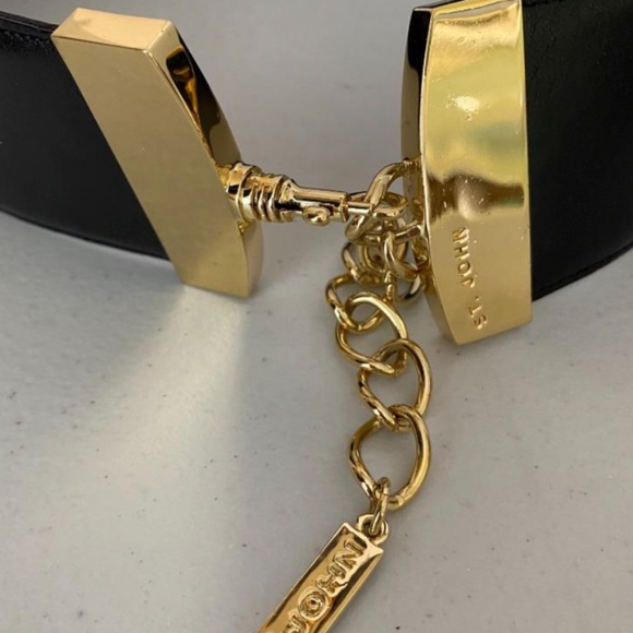 St. John Black Leather Belt 28 Chain Closure Brass 45212 Made Italy